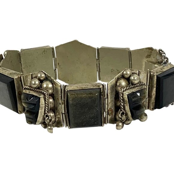 Vintage Alpaca Mexico Mayan Aztec Carved Black Onyx Face Panel Bracelet 925 - Picture 3 of 7